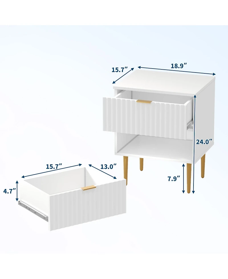 homfan 1Piece/2Piece Modern Fluted Nightstands, Built-in Usb Charging Station and Power Outlets, 2 Drawers, Gold and Wood Accents for Bedroom