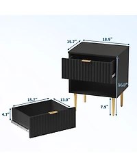 homfan Set of 2 Modern Fluted Nightstands, Built-in Usb Charging Station and Power Outlets, Drawers, Gold Wood Accents for Bedroom, Living Room