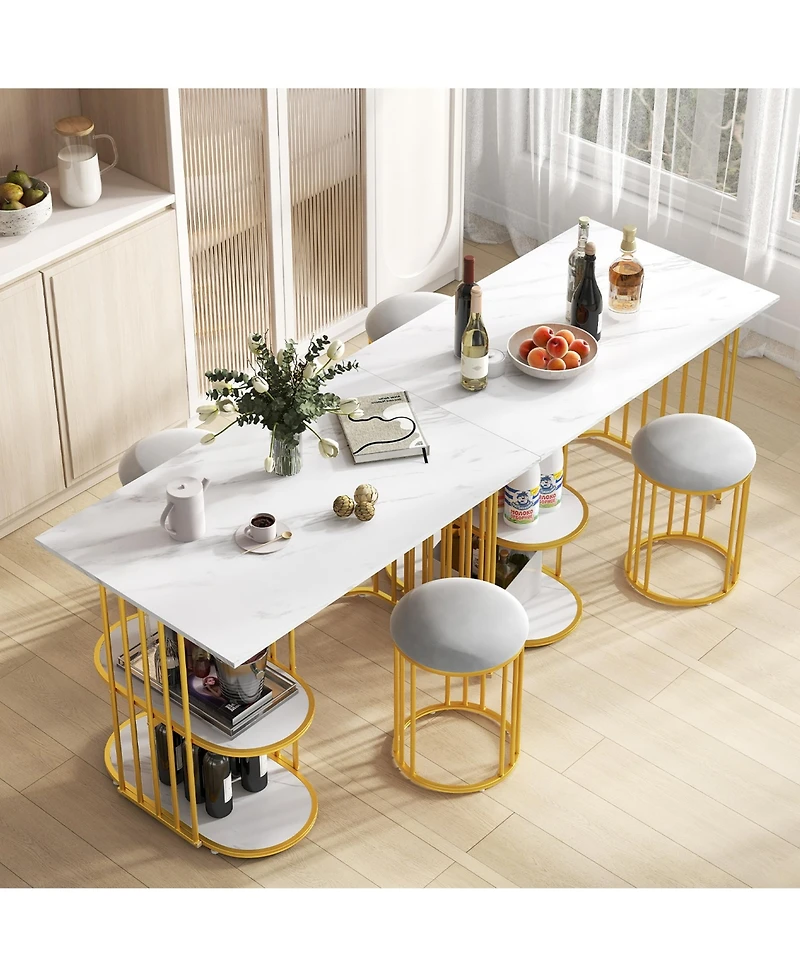 Gymax 3 Piece Dining Table Set with 2 Stools, 2-tier Storage Shelf Upholstered Seat