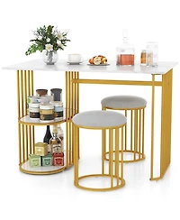 Gymax 3 Piece Dining Table Set with 2 Stools, 2-tier Storage Shelf Upholstered Seat