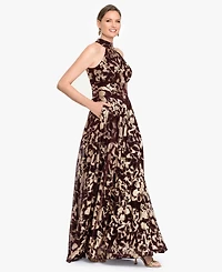 Betsy & Adam Women's Foil Halter Neck Gown