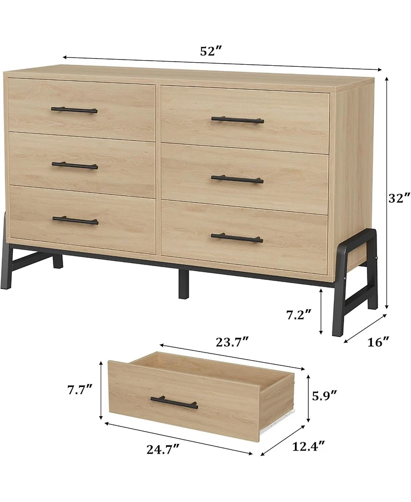 gaomon 6 Drawer Dresser, 52" Wide Wooden Storage Chest for Bedroom, Living Room, Entryway