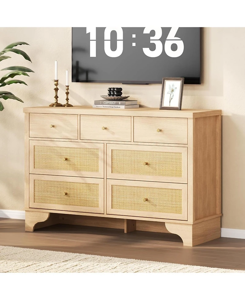 gaomon Spacious 7 Drawer Dresser, Mid-Century Wooden Storage Chest with Rattan Panels