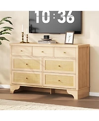 gaomon Spacious 7 Drawer Dresser, Mid-Century Wooden Storage Chest with Rattan Panels