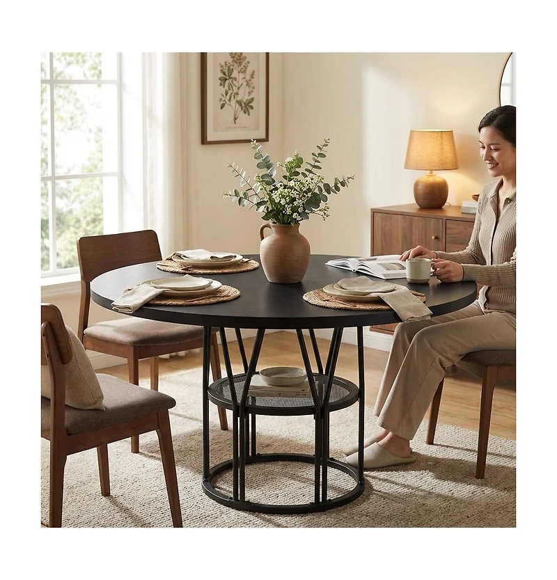 homfan 47 In Round Dining Table for 4-6 with Storage Shelf, Metal Frame and Mdf Top, Modern Kitchen Table for Dining or Work