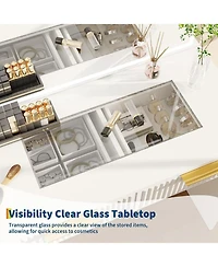 gaomon Extra Large Fluted Makeup Vanity - 36" Led Mirror, 6 Drawers and Charging Station (2 Ac+2 Usb) Oak Dressing Table with Tempered Glass Top