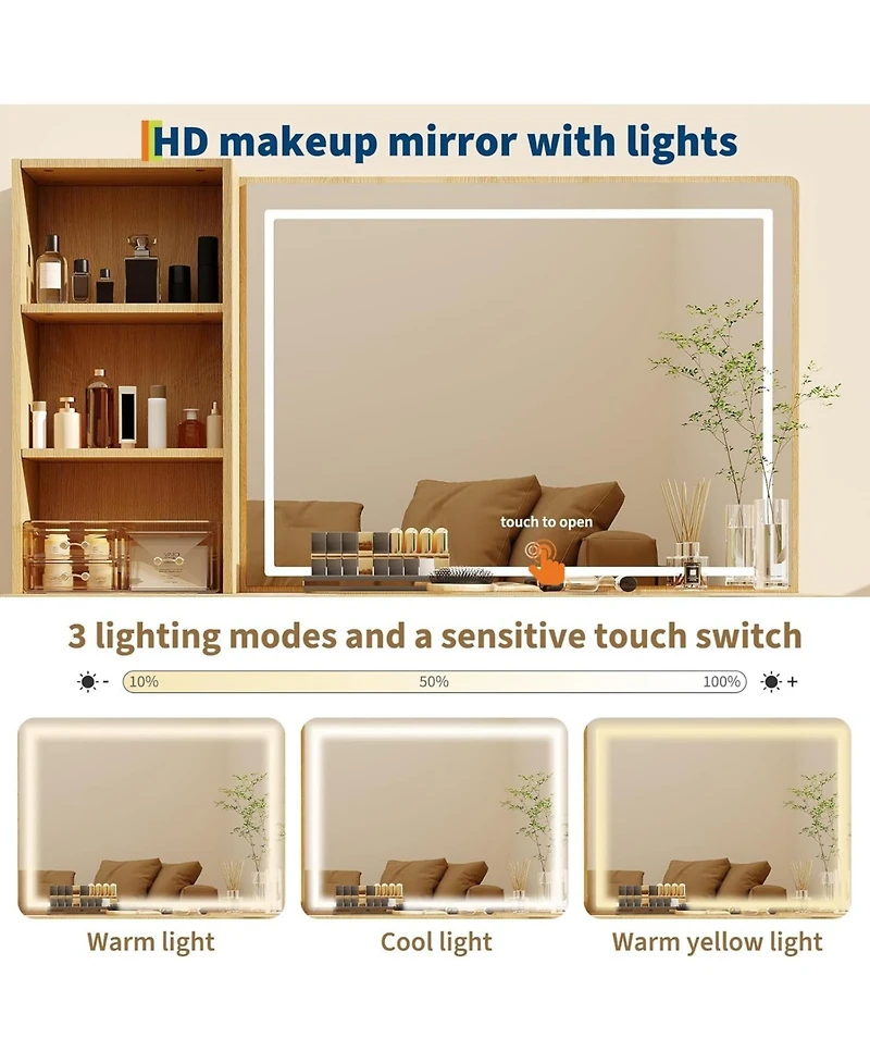 gaomon Extra Large Fluted Makeup Vanity - 36" Led Mirror, 6 Drawers and Charging Station (2 Ac+2 Usb) Oak Dressing Table with Tempered Glass Top