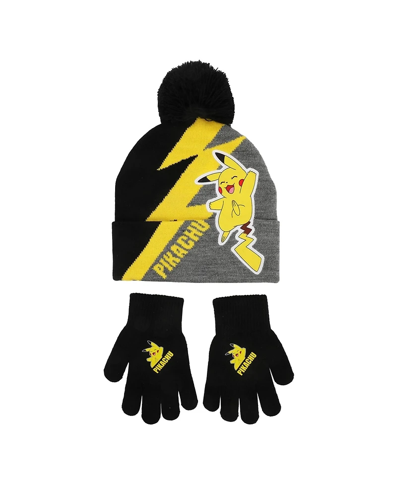Pokemon Boys Pikachu Thunderbolt Youth 2-Piece Knit Beanie and Gloves Set