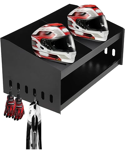 Gaomon Wall-Mounted Helmet Rack, Aluminum Double Helmet Holder with Hooks for Hanging Clothes, Helmet Stand Storage Cabinet Organizer for Garage