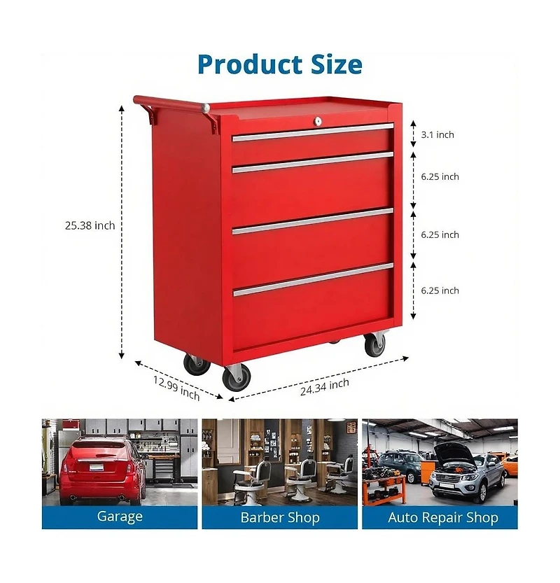Gaomon 4-Drawer Portable Tool Storage Cart, Rolling Tool Chest Cabinet, Lockable Toolbox Organizer