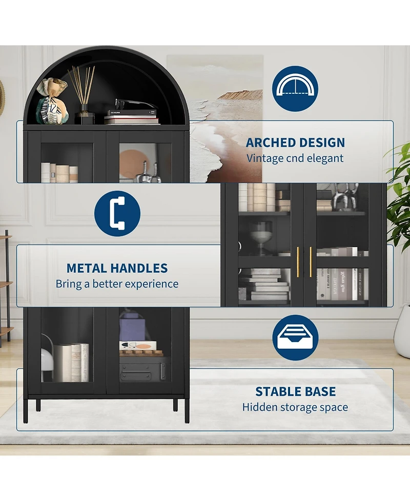 Gaomon 73" Tall Arched Metal Storage Cabinet with Glass Doors, Modern Freestanding Pantry Cabinet for Kitchen, Dining Room, Living Room