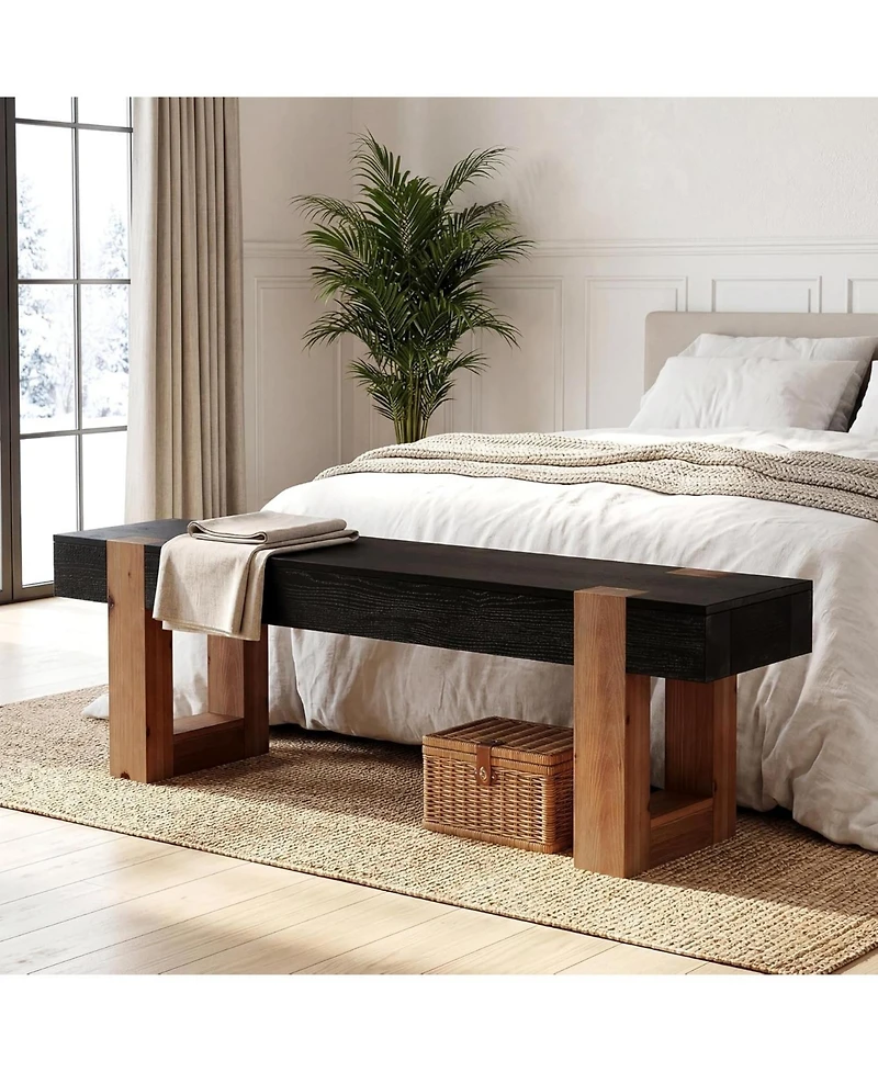 Tribesigns Solid Wood Bench, 55" Farmhouse Wooden Entryway Bench with Sturdy Legs, End of Bed Bench Seats