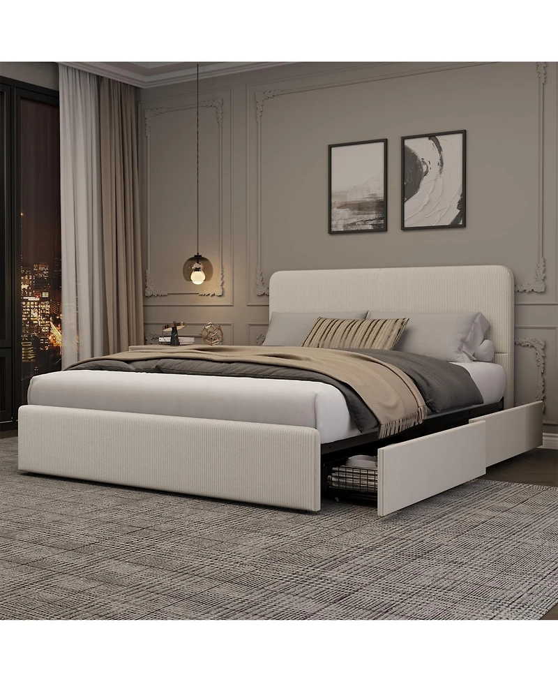 homfan Upholstered Platform Bed Frame with Headboard and 2 Storage Drawers, Wood Slat Support