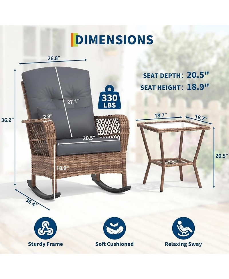 GarveeLife 3 Piece Patio Rocking Chair Set - High Back Rattan Rockers and Tempered Glass Coffee Table