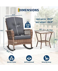 GarveeLife 3 Piece Patio Rocking Chair Set - High Back Rattan Rockers and Tempered Glass Coffee Table