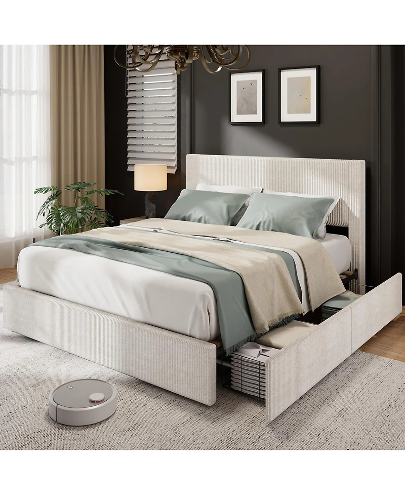 homfan Upholstered Platform Bed Frame with 4 Storage Drawers, Corduroy Channel Tufted Wingback Headboard