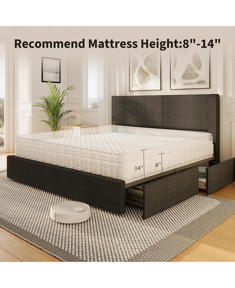 homfan Upholstered Platform Bed Frame with 4 Storage Drawers, Corduroy Channel Tufted Wingback Headboard