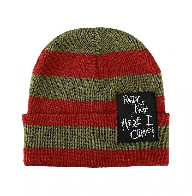 Nightmare on Elm Street Men's Ready Or Not Here I Come Woven Label Striped Cuffed Beanie