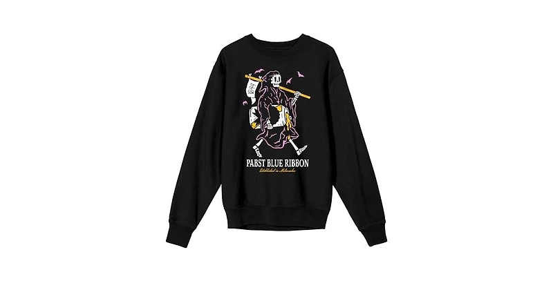 Pabst Blue Ribbon Men's Grim Reaper Enjoying a Beer Adult Black Crew Neck Sweatshirt-3XL
