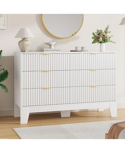 homfan 6 Drawer Dresser for Bedroom, 47" Wide Fluted Chest of Drawers with Metal Handle, Modern Wooden Tv Stand, Clothes Storage Organizer Hallway