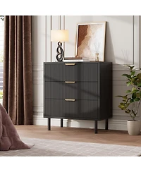 homfan Modern Fluted 3-Drawer Dresser, Wide Wooden Storage Chest with Metal Legs and Anti-Tip Device