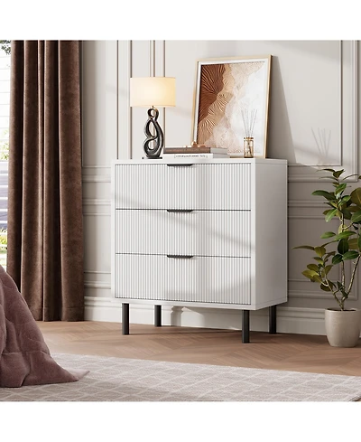 homfan Modern Fluted 3-Drawer Dresser, Wide Wooden Storage Chest with Metal Legs and Anti-Tip Device