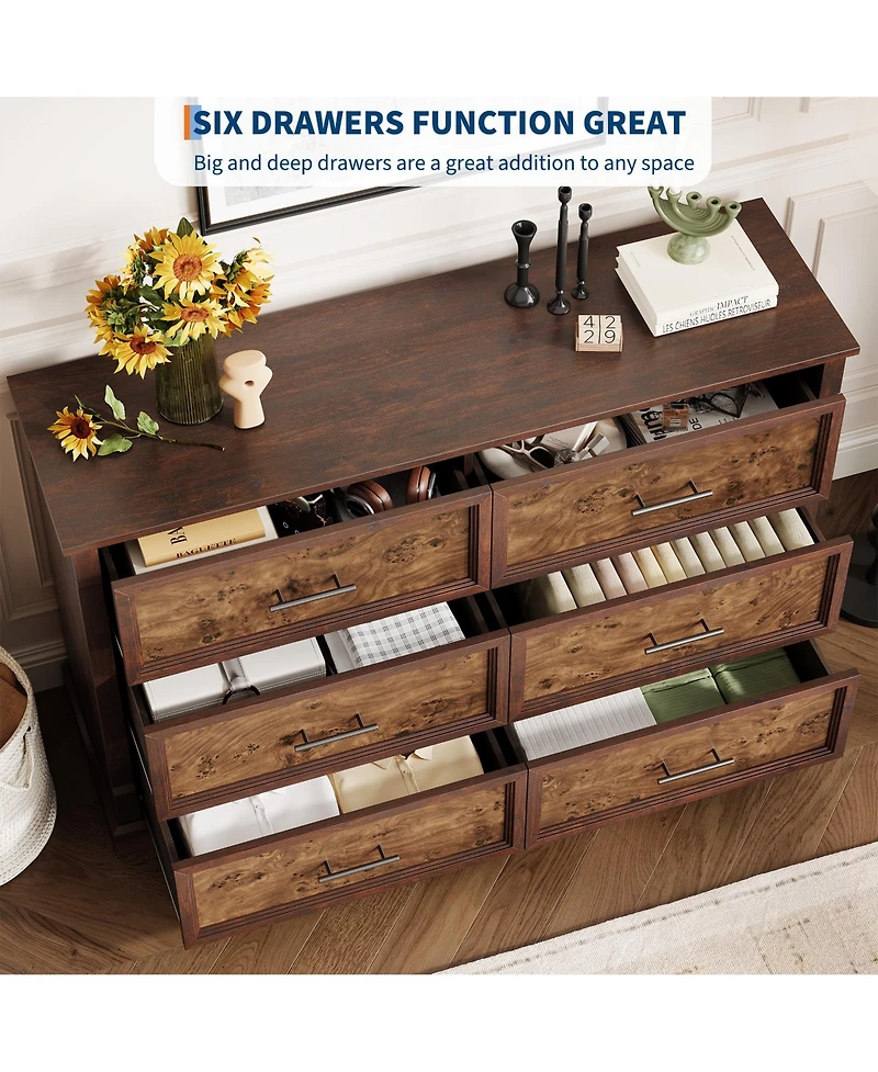 homfan 6-Drawer Dresser for Bedroom, Farmhouse Chest of Drawers with Metal Handles, Wide Storage Cabinet Living Room Hallway