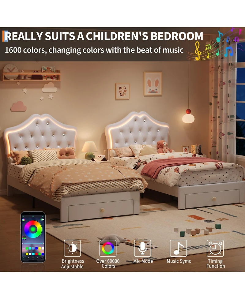 homfan Twin Upholstered Princess Bed Frame with Led Headboard, Storage Drawer, Velvet Finish, No Box Spring Needed