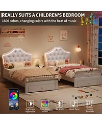 homfan Twin Upholstered Princess Bed Frame with Led Headboard, Storage Drawer, Velvet Finish, No Box Spring Needed