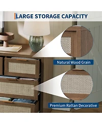 homfan Wide Boho Rattan Dresser with 7 Drawers, Modern Storage Chest Featuring Metal Handles, Wooden Cabinet and Tv Stand Ideal for Bedroom