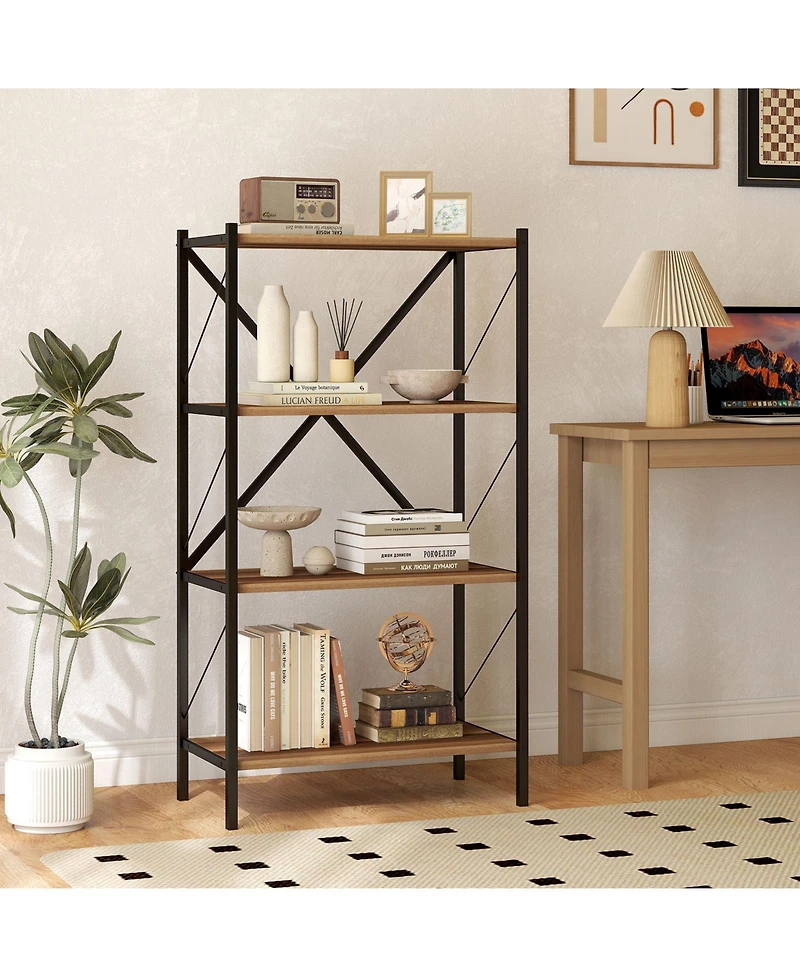 Gymax 4-Tier Bookshelf Industrial Bookcase with Heavy-Duty Metal Frame for Living Room