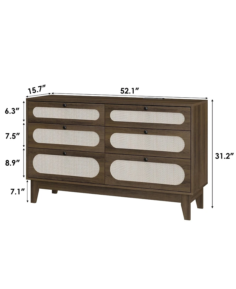 homfan Modern Farmhouse 6-Drawer Rattan Cabinet, Wooden Dresser with Charging Ports, Metal Handles and Anti-Tip Design
