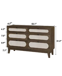 homfan Modern Farmhouse 6-Drawer Rattan Cabinet, Wooden Dresser with Charging Ports, Metal Handles and Anti-Tip Design
