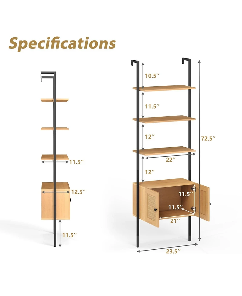 Gymax 2 pieces Wall-Mounted Ladder Shelf 5-tier Bookshelf with Rattan-Door Cabinet Display Rack