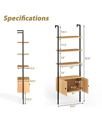 Gymax 2 pieces Wall-Mounted Ladder Shelf 5-tier Bookshelf with Rattan-Door Cabinet Display Rack