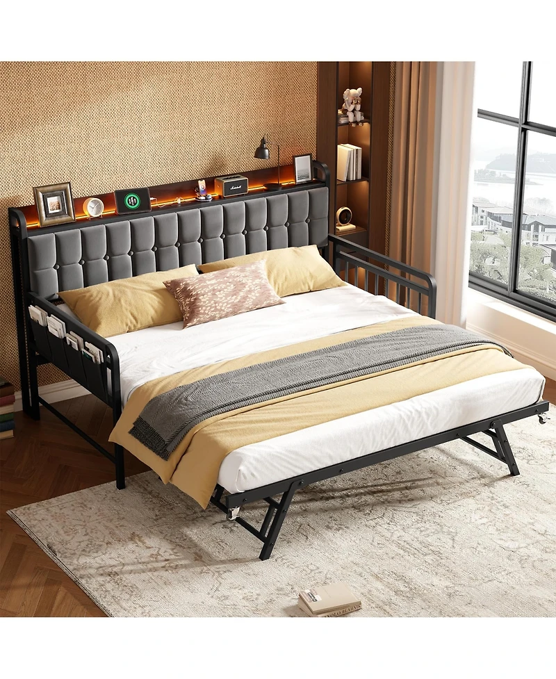 homfan Upholstered Twin Daybed with Trundle, Led Lights, Charging Station and Storage Headboard, Metal Slat Support