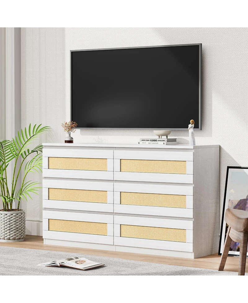 homfan Modern Wide 6 Drawer Rattan Dresser - Spacious Double Chest with Anti-Tip Kit Storage Solution for Bedroom, Living Room, Hallway