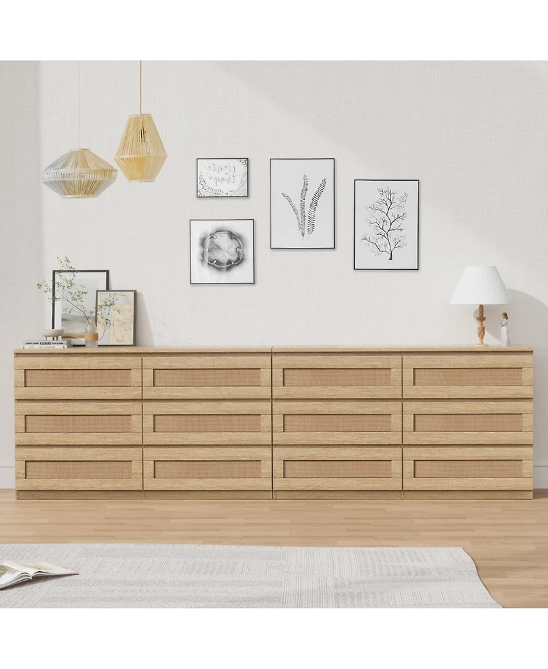homfan Modern Wide 6 Drawer Rattan Dresser - Spacious Double Chest with Anti-Tip Kit Storage Solution for Bedroom, Living Room, Hallway
