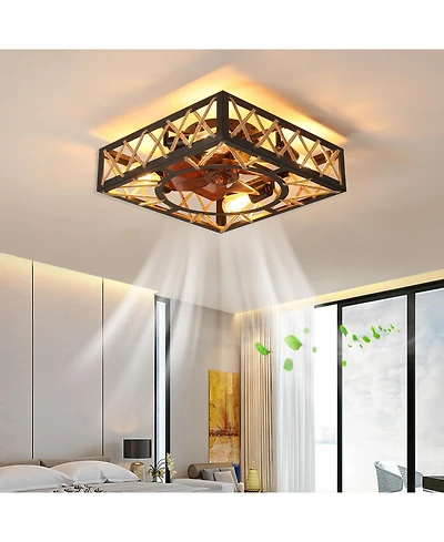 Clihome Farmhouse Rustic Ceiling Fan, Square Caged Industrial Ceiling Fixture with 6 Speeds