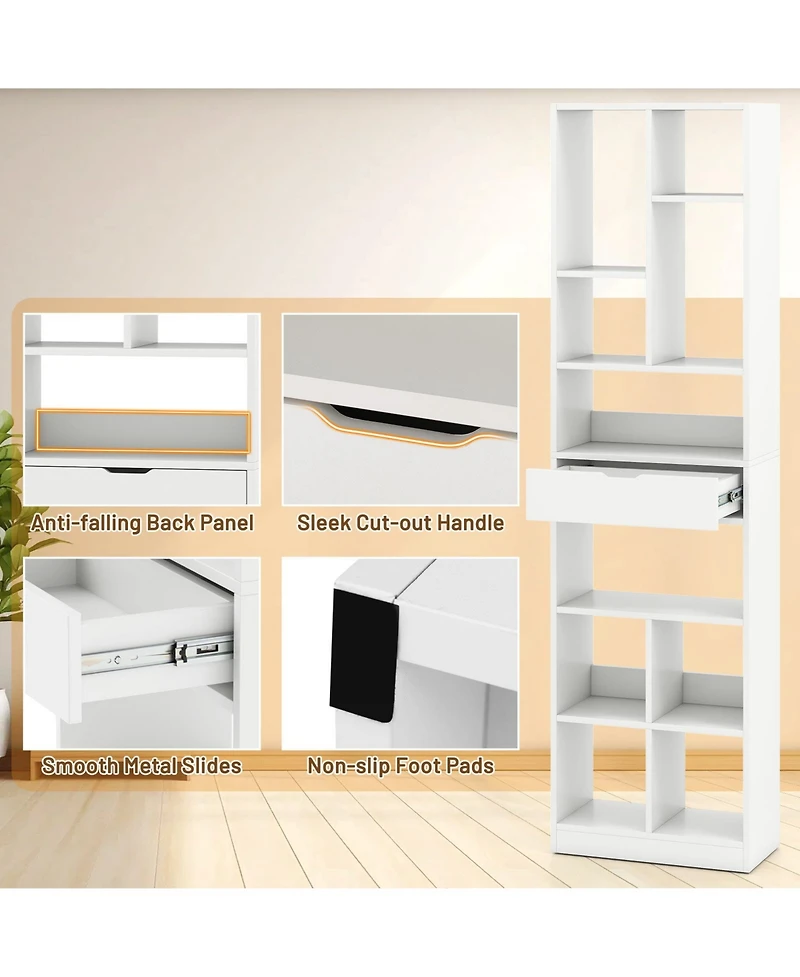 Gymax 71'' Tall Bookcase with Drawer Modern Bookshelf with 10 Open Cubes Display Rack