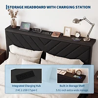 homfan Upholstered Metal Platform Bed Frame with Charging Station Headboard & 2 Rolling Under Storage Drawers