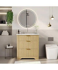 gaomon Fluted Bathroom Vanity with Ceramic Sink Freestanding Cabinet with Soft-Close Drawers and 1 Rotating-Down Drawer 24-Inch