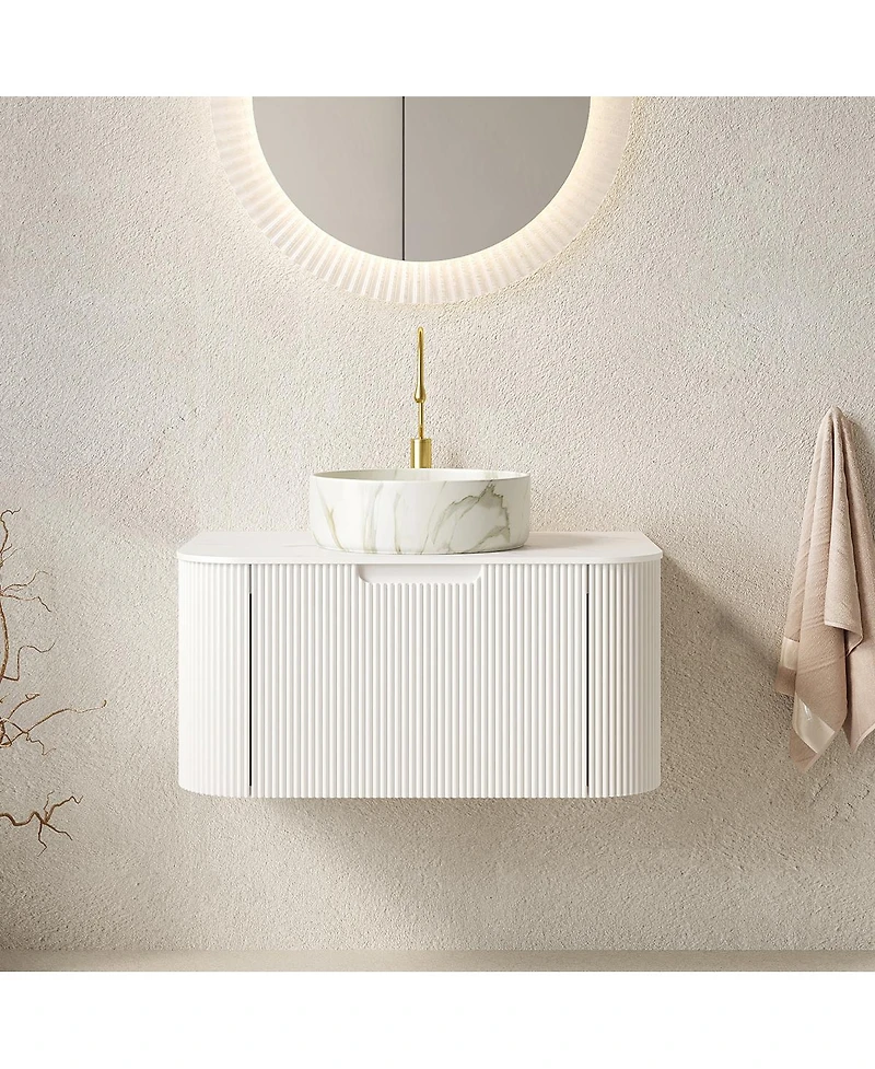 Sillysis Wall Mounted Bathroom Vanity with White Sintered Stone Top, Round Ceramic Bowl Sink