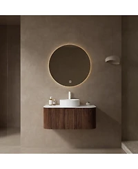 Sillysis Wall Mounted Bathroom Vanity with Artificial Marble Top, Round Ceramic Sink, Walnut Striped Drawer
