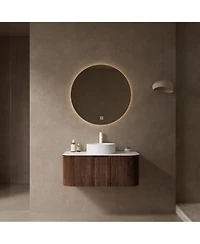 Sillysis Wall Mounted Bathroom Vanity With Artificial Marble Top Round Ceramic Sink Walnut Striped Drawer Pre Assembled