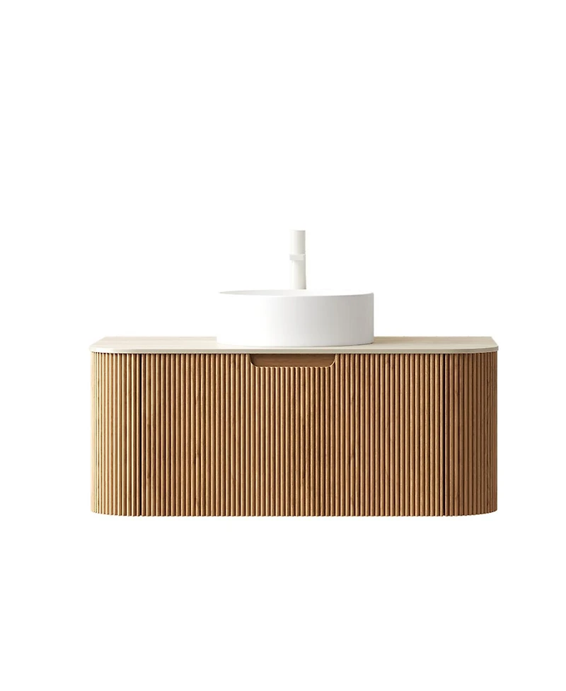 Sillysis Wall Mounted Bathroom Vanity with Sintered Stone Top, Round Ceramic Vessel Sink, Wood Grain Drawer