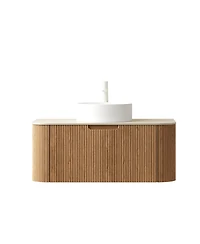 Sillysis Wall Mounted Bathroom Vanity with Sintered Stone Top, Round Ceramic Vessel Sink, Wood Grain Drawer