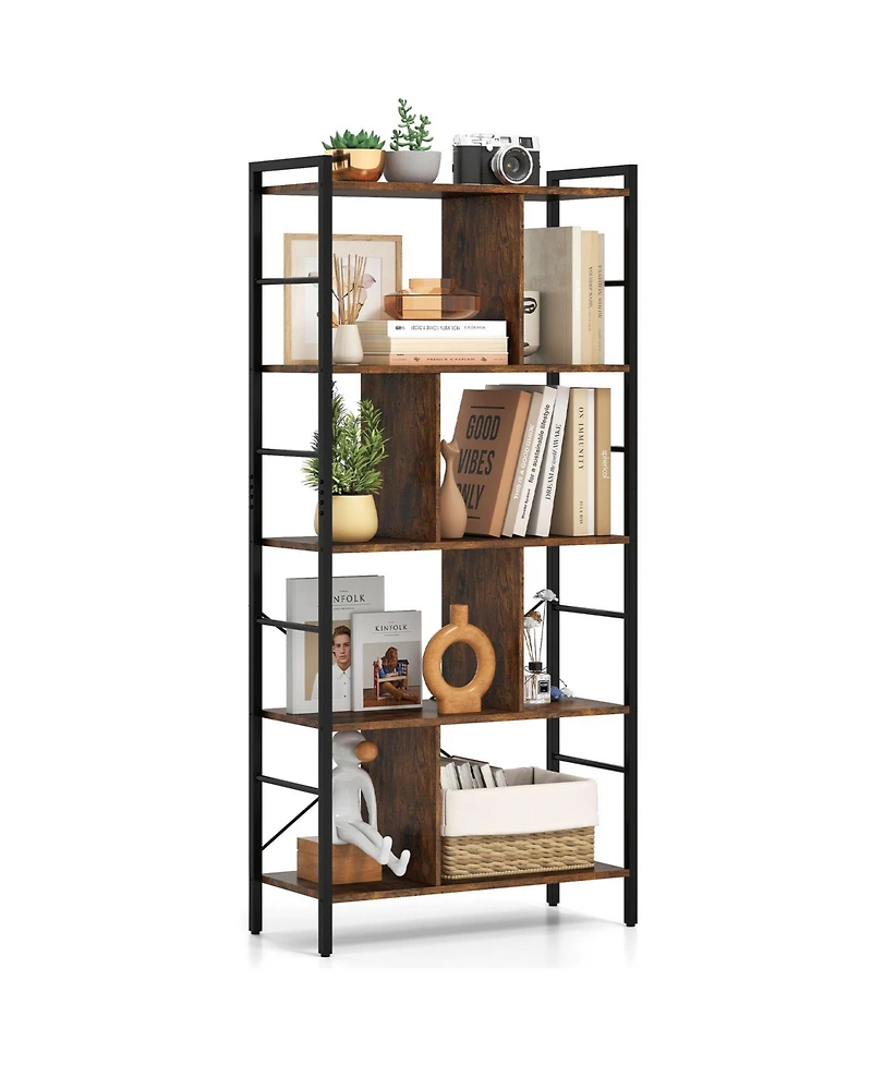 Gymax 61'' 5-Tier Bookshelf with Metal Frame 2 Anti-Tipping Devices for Living Room Office