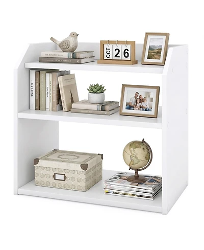 Gymax 3-Tier Desktop Bookshelf with Raised Top Guardrails Space-Saving Desk Display Shelf
