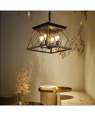 Clihome Industrial 4-Light Metal Cage Design Pendant Chandelier, Adjustable Hanging Light (No Bulbs)